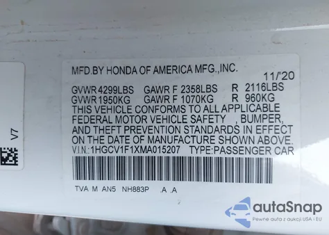 2021 Honda Accord Lx from USA, damaged, VIN 1HGCV1F1XMA015207
